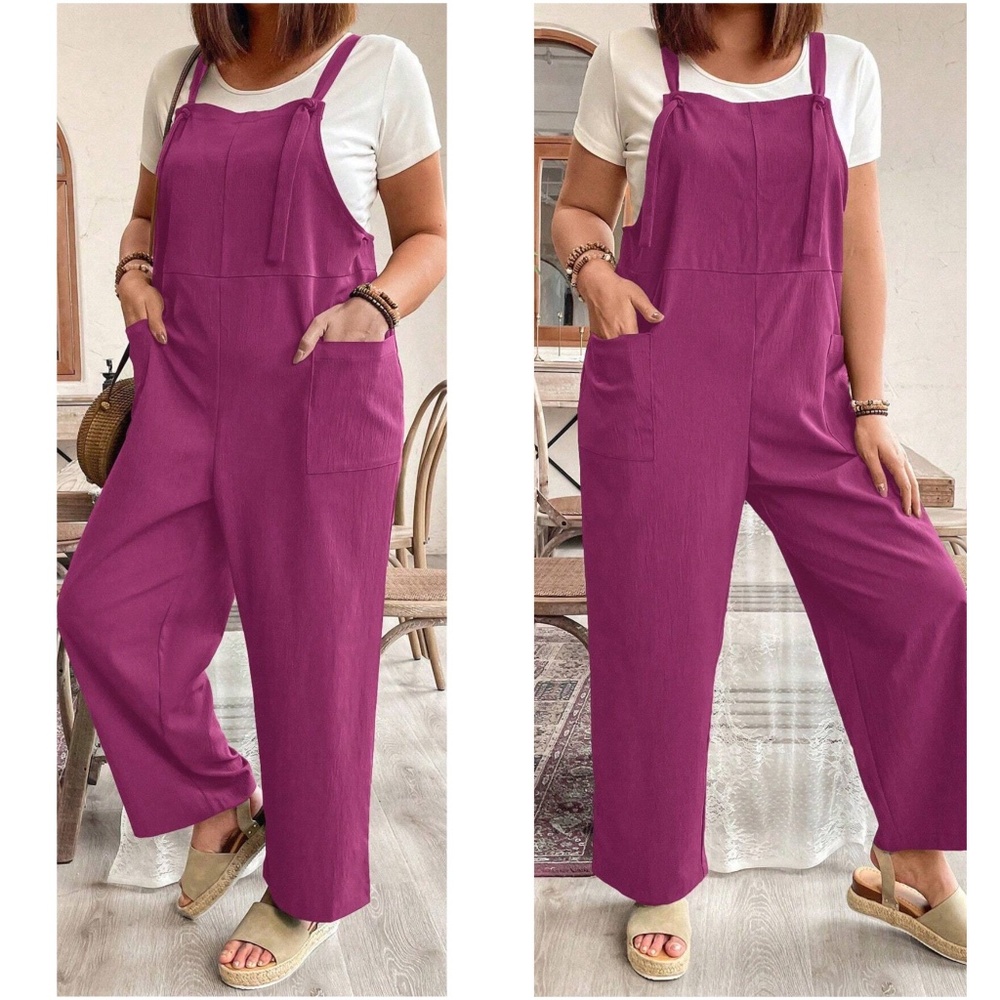 Plus Solid Pockets Adjustable Knot Strap Wide leg Jumpsuit - Picture 4 of 6